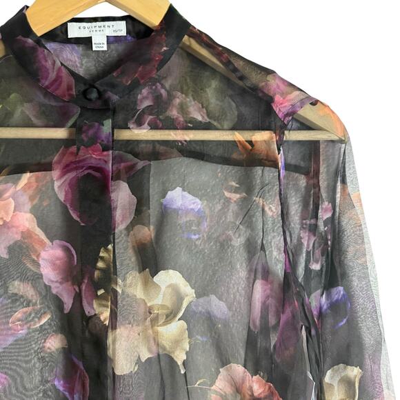 Equipment Femme Boleyn Sheer Silk Blouse True Black Multicolor Floral Size XS - Picture 7 of 11
